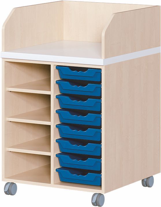 Wickelkommode fahrbar, 8 ErgoTrayboxen M, Regal li., Tiefe 91 cm