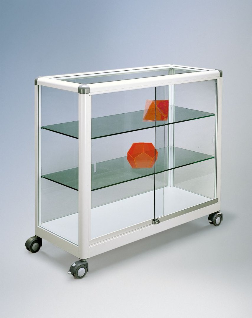 Alu Vitrine, 120 x 108 x 50 cm, feststehend/fahrbar, 7 Farben