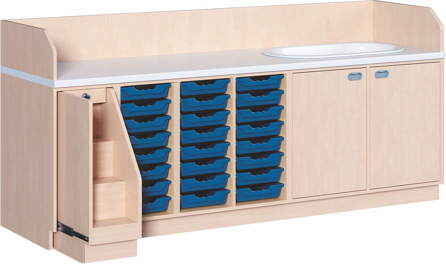 Wickelkommode mit Wanne, 24 ErgoTrayboxen M, Treppe li., Tiefe 91 cm
