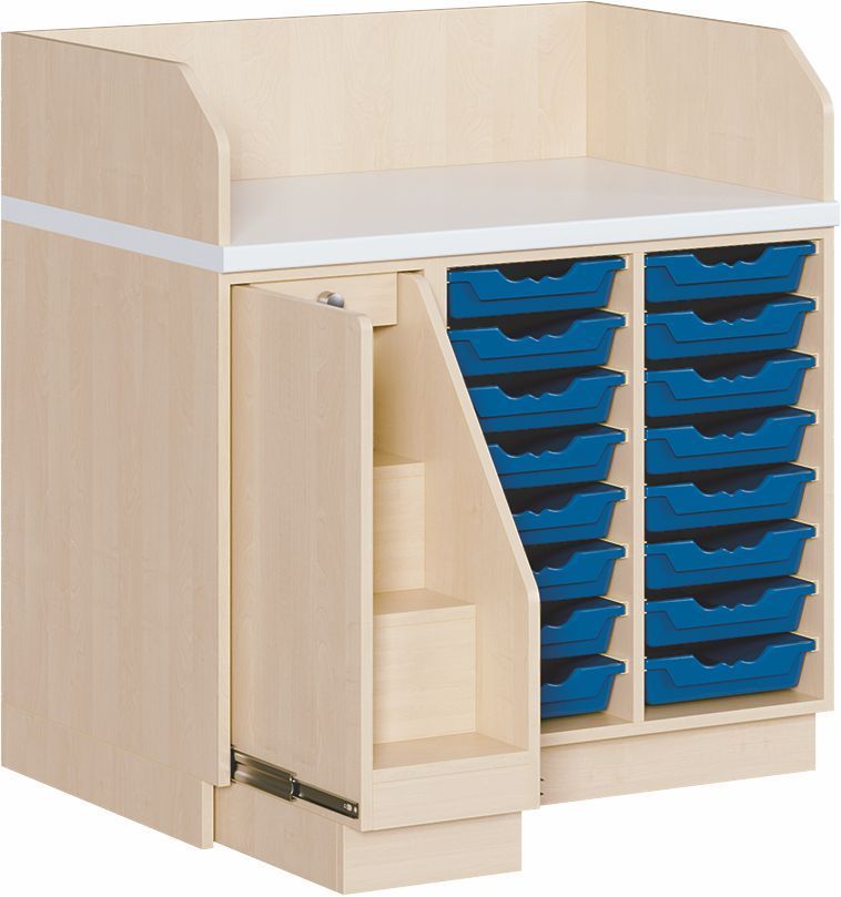 Wickelkommode mit 16 ErgoTrayboxen M, Treppe li., Tiefe 91 cm