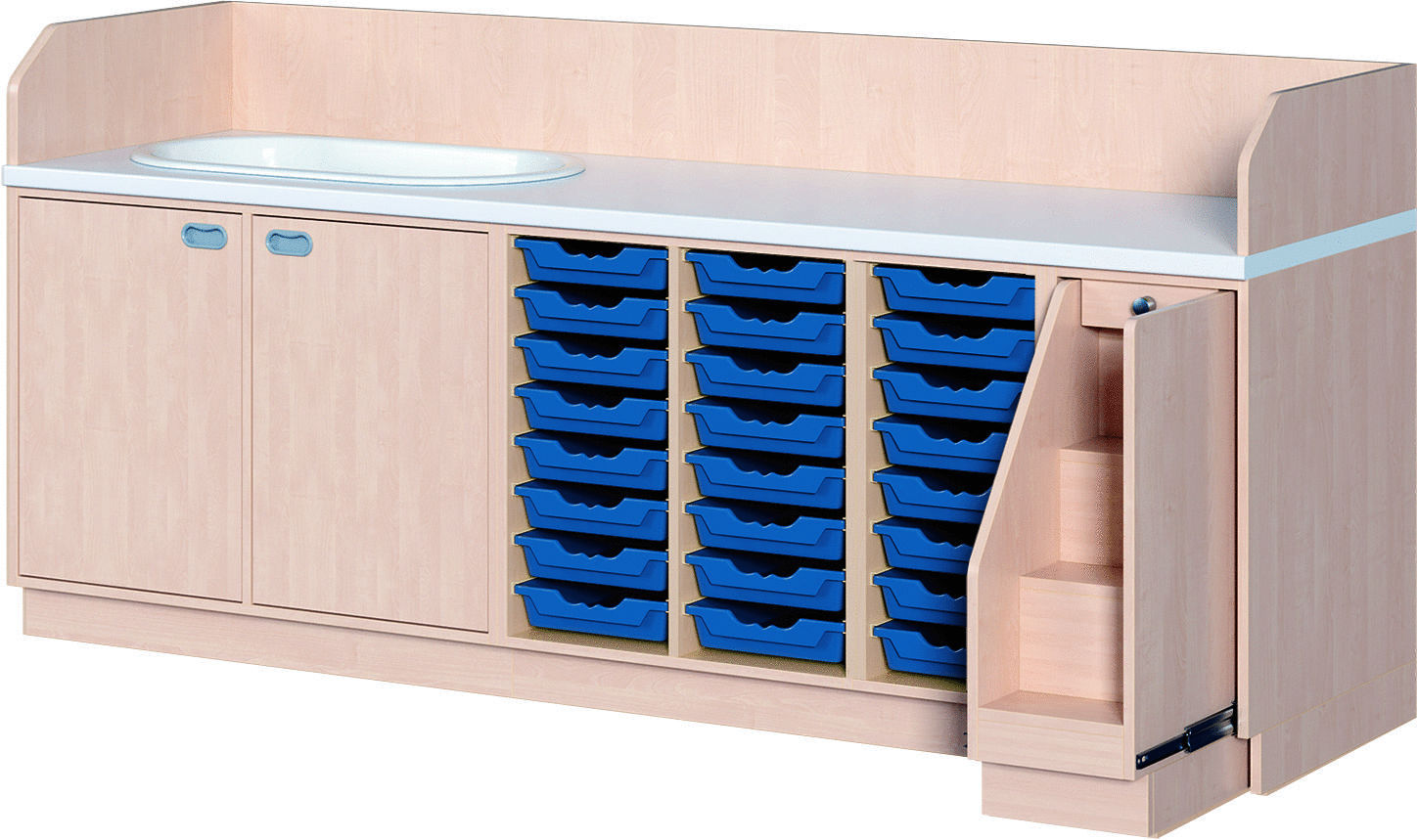 Wickelkommode mit Wanne, 24 ErgoTrayboxen M, Treppe re., Tiefe 91 cm