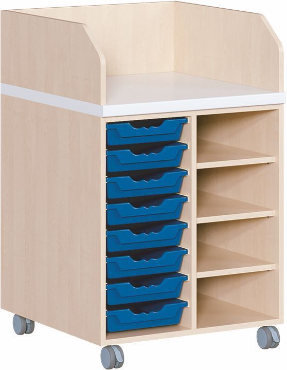 Wickelkommode fahrbar, 8 ErgoTrayboxen M, Regal re., Tiefe 91 cm